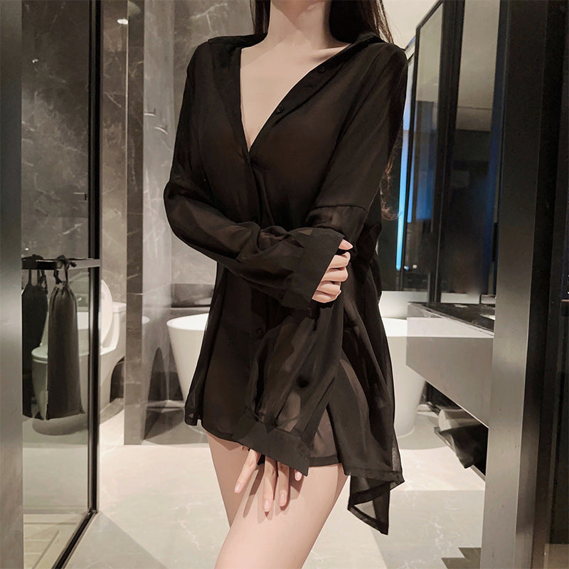 Image of erotic lingerie feminine see-through uniform temptation plus size backless shirt passion boyfriend style pajamas set 8850